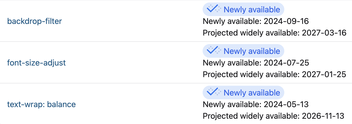 Web Platform Status fonctionnalités avec dates