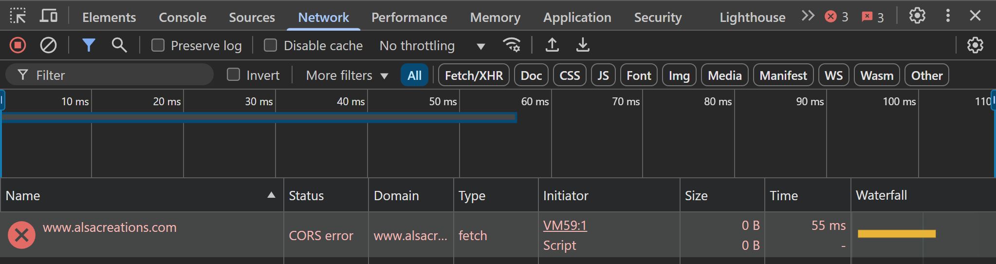 Devtools affichant une erreur CORS