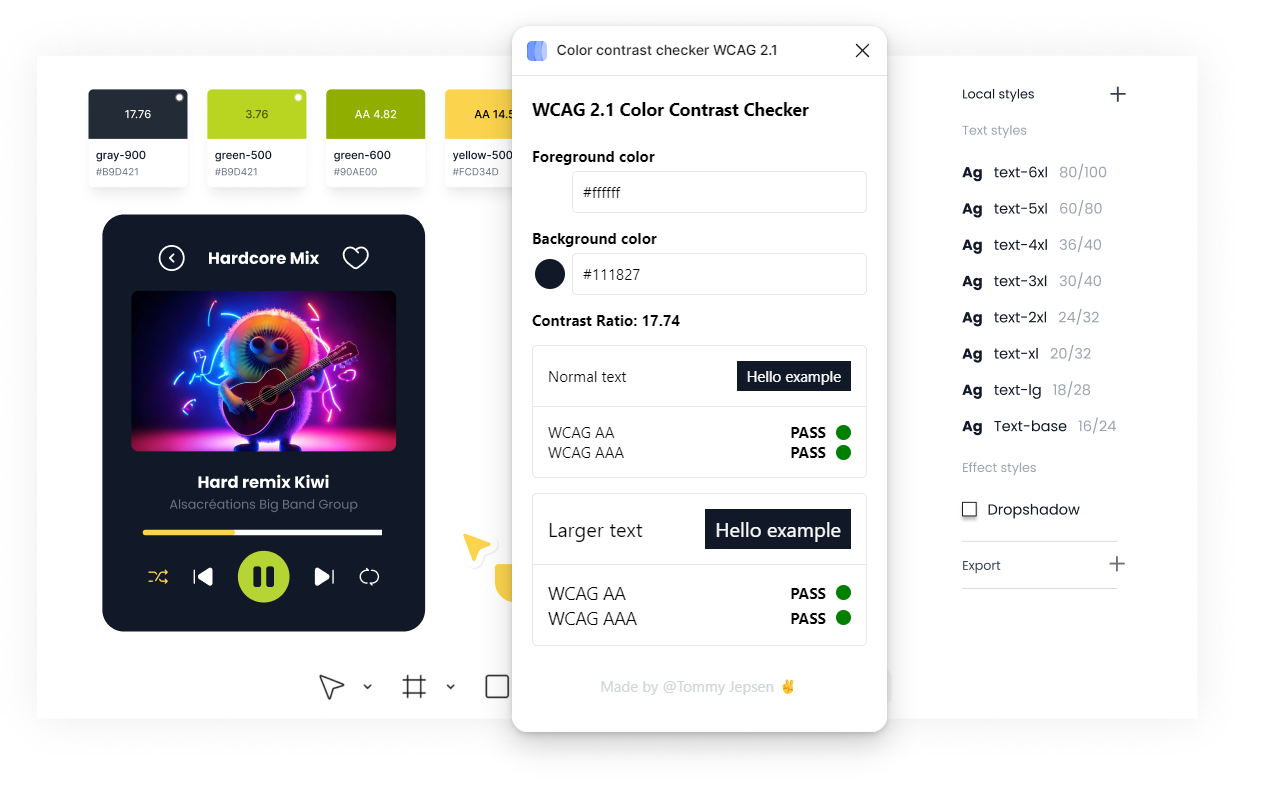 Un mini Kit UI sur Figma qui utilise le plugin Color Contrast Checker WCAG